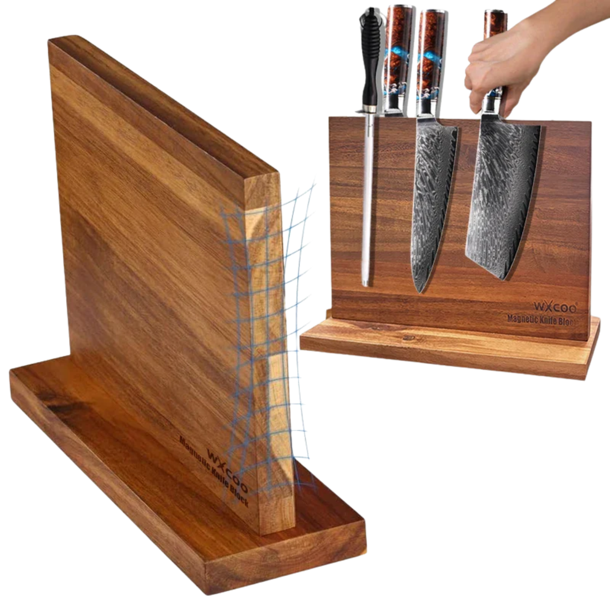 Multifunctional Magnetic Knife Holder Acacia Wooden Kitchen Knife Block Storage with Strong Enhanced Home Magnetic Stands