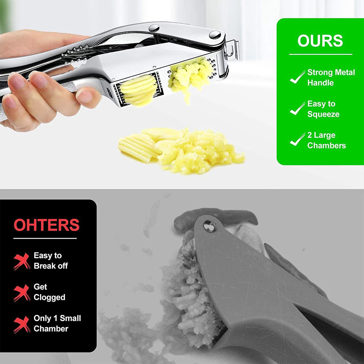 New Garlic Press Stainless Steel 2 in 1 Garlic Slicer Mincer Dual Function Garlic Crusher Handheld Squeezer Tool Kitchen Gadgets