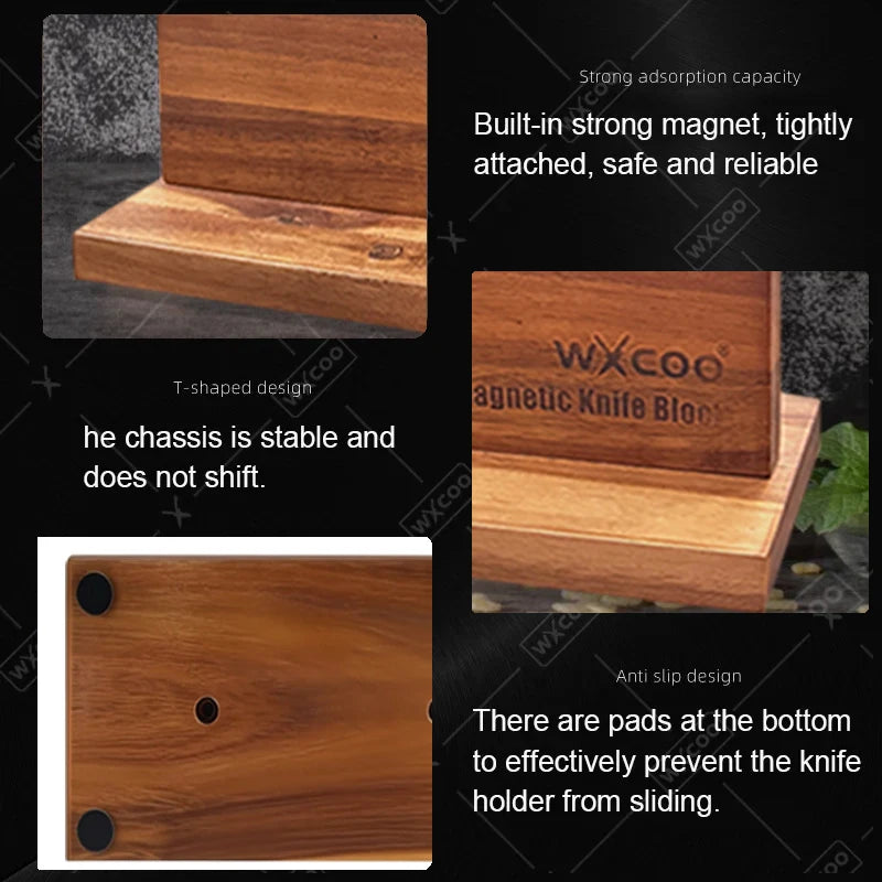 Multifunctional Magnetic Knife Holder Acacia Wooden Kitchen Knife Block Storage with Strong Enhanced Home Magnetic Stands