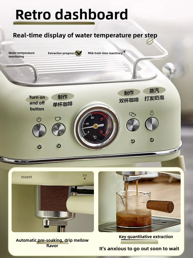 20Bar High-Pressure Dual Capsule & Espresso Coffee Machine, Semi-Auto w/ Built-in Grinder, Retro Dial Temp Monitor, Milk Frother