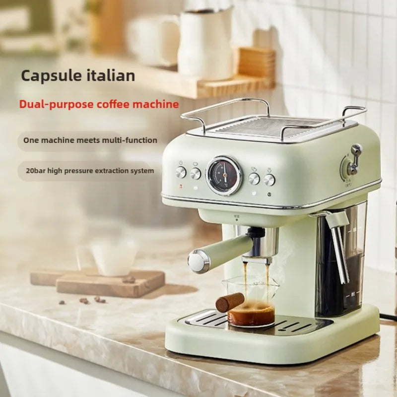 20Bar High-Pressure Dual Capsule & Espresso Coffee Machine, Semi-Auto w/ Built-in Grinder, Retro Dial Temp Monitor, Milk Frother