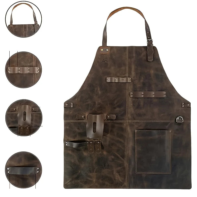 Retro Style Work Apron - Durable Faux Leather with Multi-Pockets, Adjustable for Cooking, Woodworking & Outdoor Use