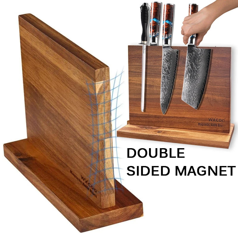 Multifunctional Magnetic Knife Holder Acacia Wooden Kitchen Knife Block Storage with Strong Enhanced Home Magnetic Stands