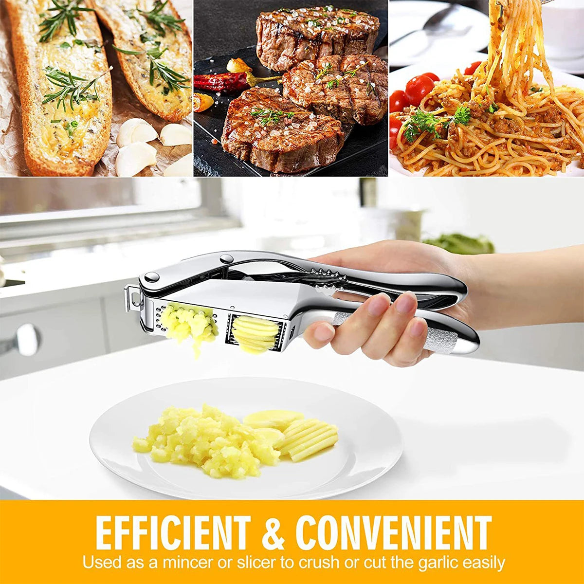 New Garlic Press Stainless Steel 2 in 1 Garlic Slicer Mincer Dual Function Garlic Crusher Handheld Squeezer Tool Kitchen Gadgets