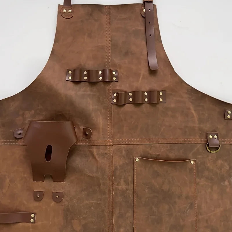Retro Style Work Apron - Durable Faux Leather with Multi-Pockets, Adjustable for Cooking, Woodworking & Outdoor Use