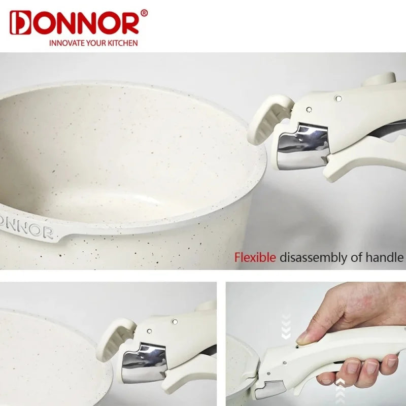 DONNOR Safe Nonstick With Removable Handle Cookware Set Kitchen Pots and Pans Set Suitable For Fried Egg Pancakes Oven Safe