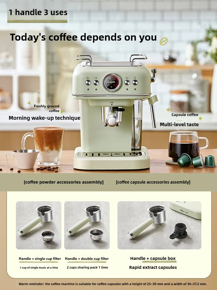 20Bar High-Pressure Dual Capsule & Espresso Coffee Machine, Semi-Auto w/ Built-in Grinder, Retro Dial Temp Monitor, Milk Frother