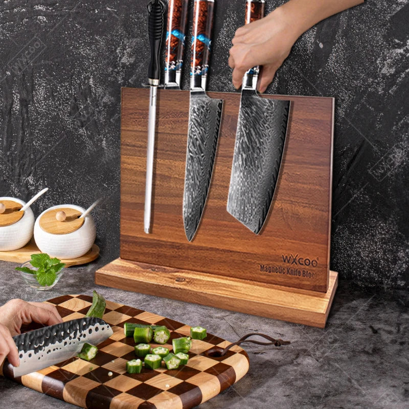 Multifunctional Magnetic Knife Holder Acacia Wooden Kitchen Knife Block Storage with Strong Enhanced Home Magnetic Stands