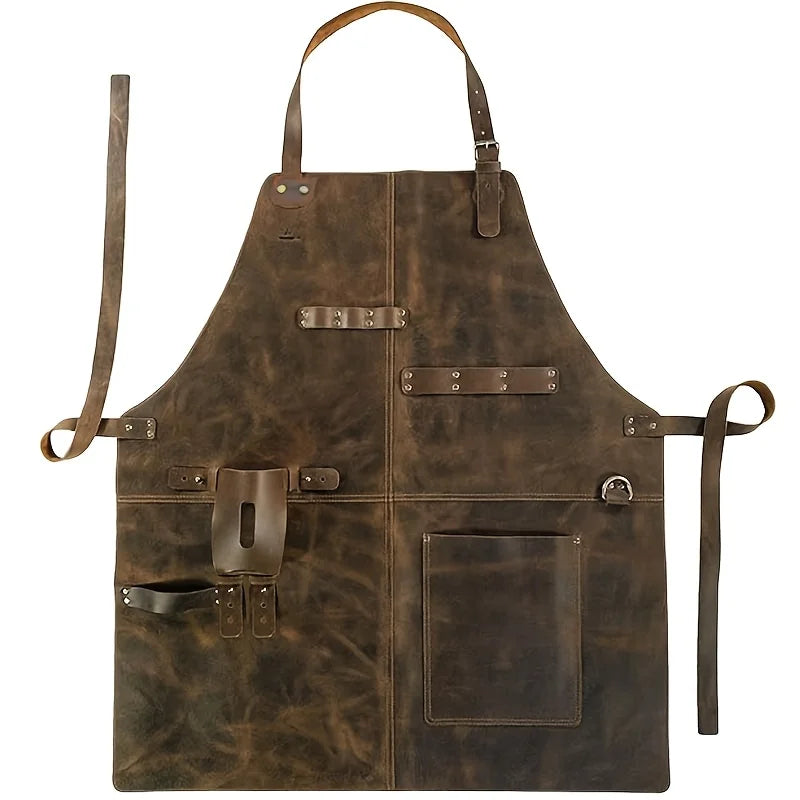 Retro Style Work Apron - Durable Faux Leather with Multi-Pockets, Adjustable for Cooking, Woodworking & Outdoor Use