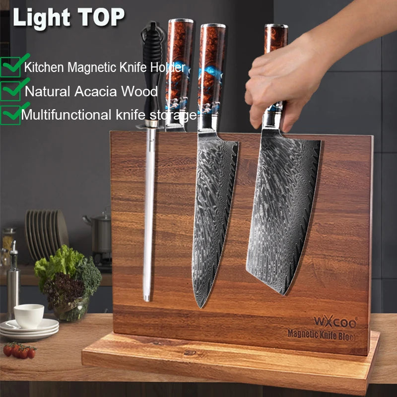Multifunctional Magnetic Knife Holder Acacia Wooden Kitchen Knife Block Storage with Strong Enhanced Home Magnetic Stands
